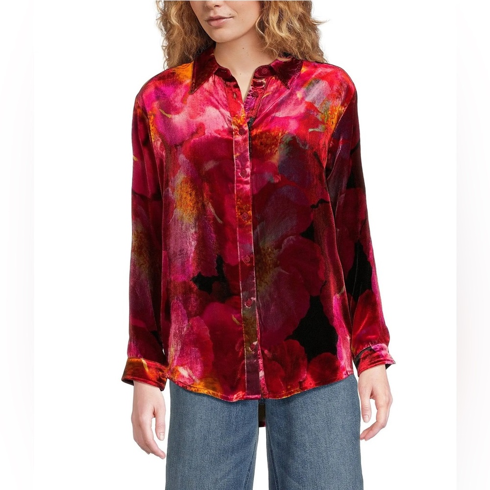 NWT Johnny Was Red Velvet Oversized Silk-Blend Shirt Sz XS